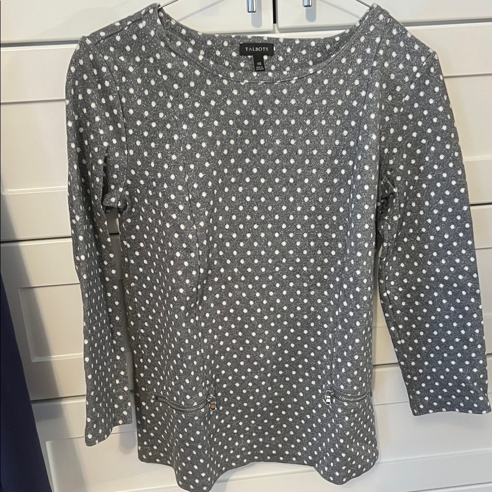Talbots Charcoal and White Polka Dot Long Sleeve Top